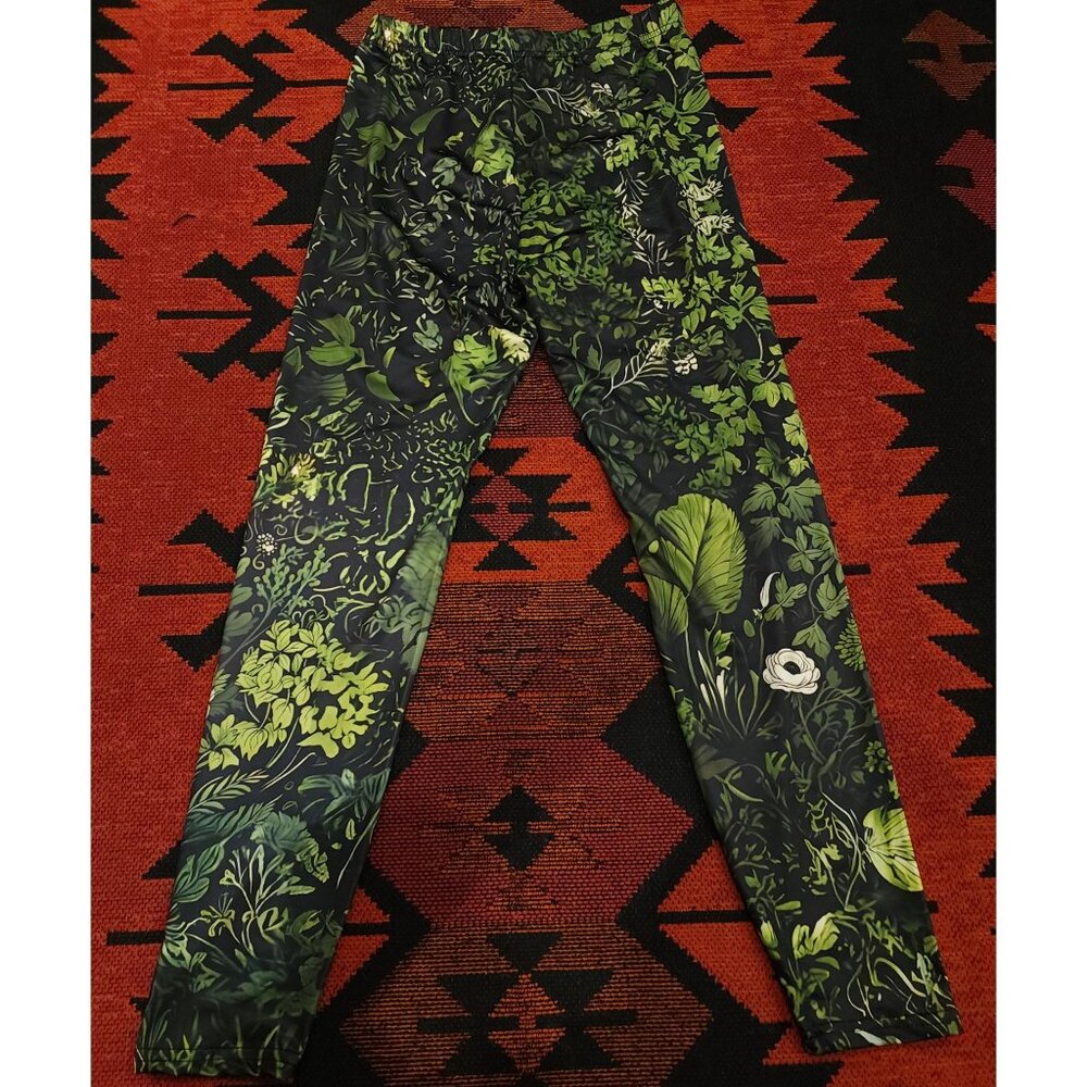 Women's Floral Green Leaf Leggings. Stretch Polyester/Spandex. Size Small - Picture 1 of 6